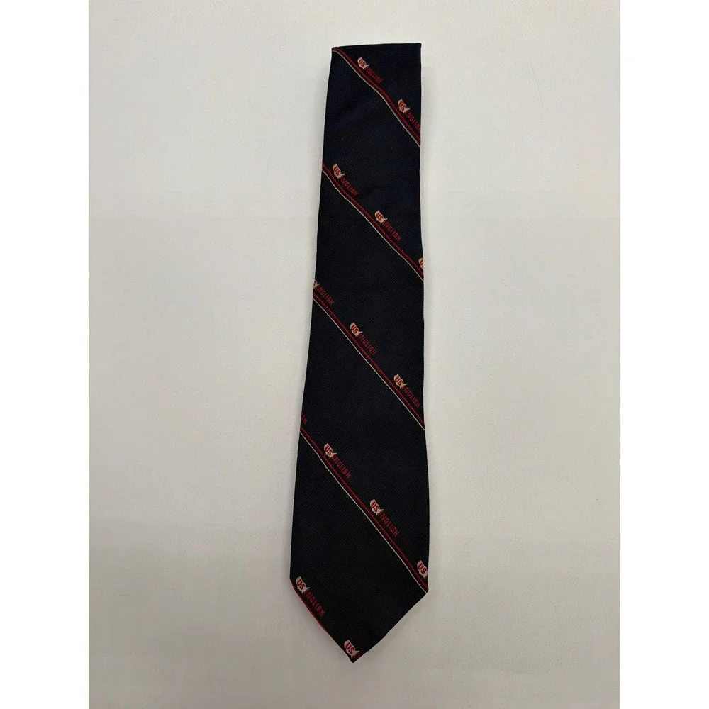 Michael Bruce Creation Mens Navy Blue US English Logo Striped Silk Blend Tie